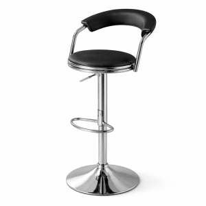 Black leather swivel bar stool with chrome base and curved backrest in a kitchen setting.