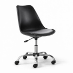 Black LUMAX ergonomic study chair with a padded tulip seat and chrome swivel base in a home office