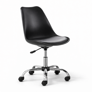 Black LUMAX ergonomic study chair with a padded tulip seat and chrome swivel base in a home office
