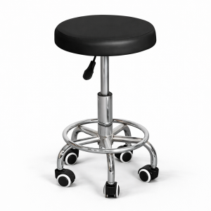 Black padded adjustable salon stool with chrome swivel base, foot ring, and wheels.