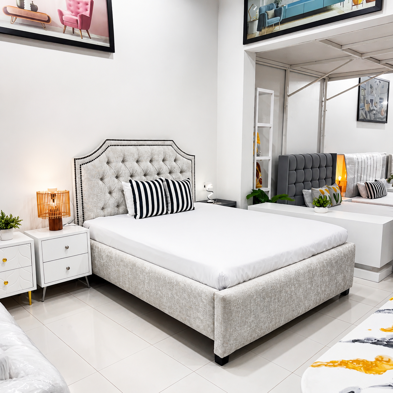 Modern Light Grey Queen Chester Bed — upholstered headboard, Nairobi